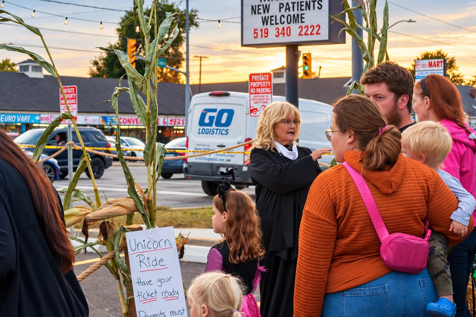 A blonde woman wearing glasses and a black costume with a white collar chats with families beside the pony-ride sign.